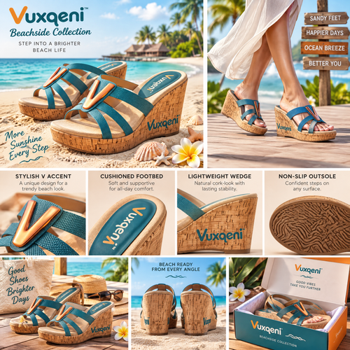 Vuxqeni™ Women's Summer Cork Wedge Slide Sandals with Metallic 'V' Accent