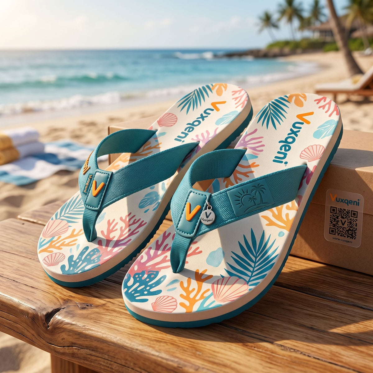 Vuxqeni™ Women’s Coastal Reef Flip-Flops – Lightweight Cushioned Beach Sandals with Woven Fabric Straps &amp; Tropical Ocean Print