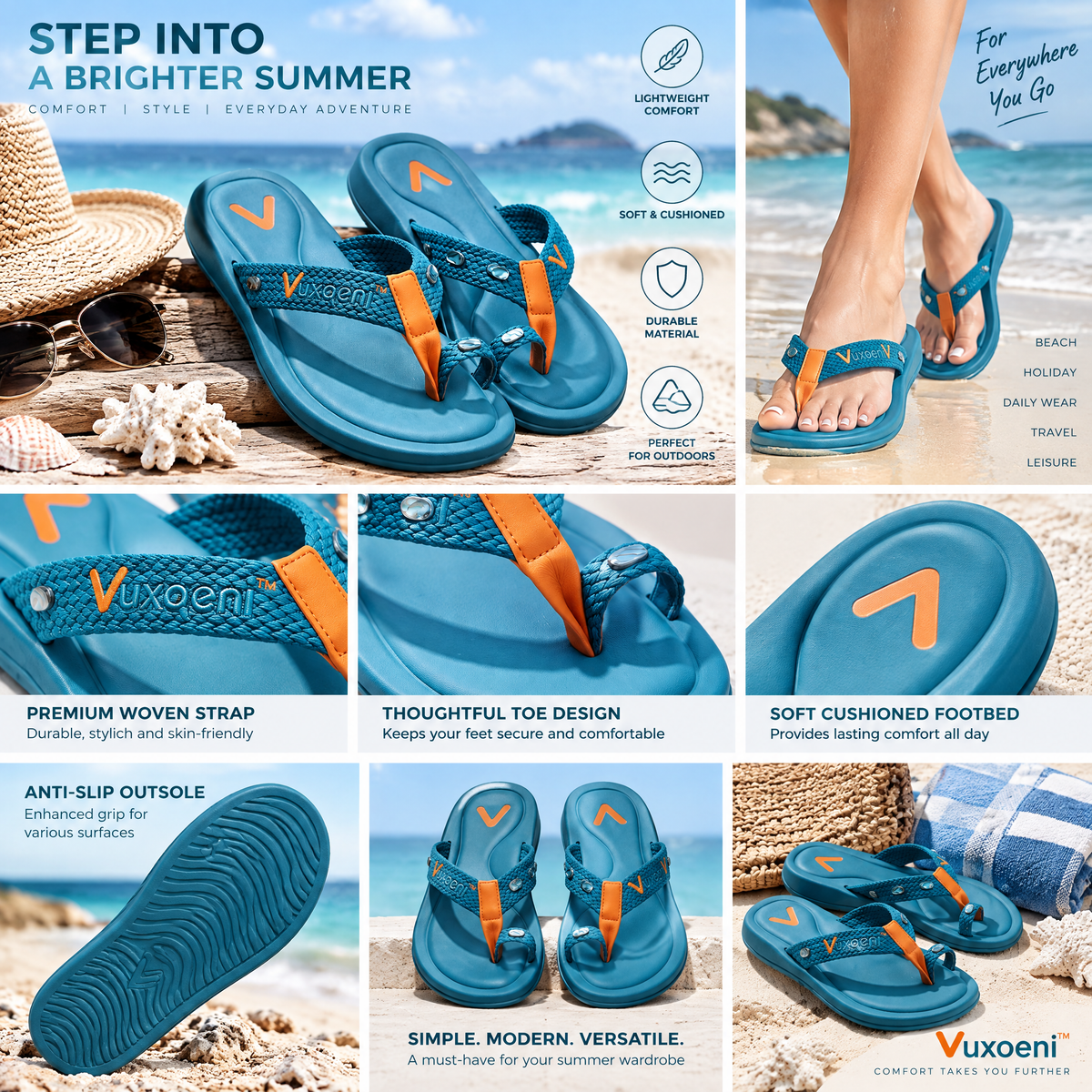 Vuxqeni™ Women's Braided Toe-Ring Flip Flops with Arch Support, Cushioned Summer Beach Sandals