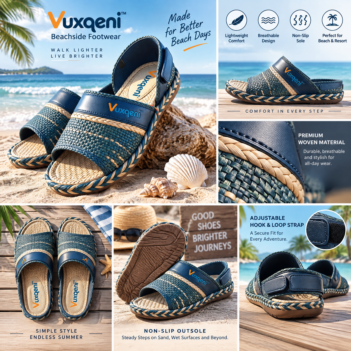 Vuxqeni™ Men's Woven Beach Slides with Heel Strap – Breathable Espadrille-Style Resort Sandals