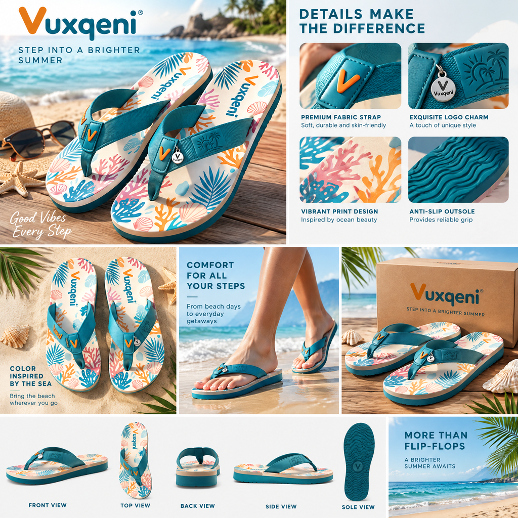 Vuxqeni™ Women’s Coastal Reef Flip-Flops – Lightweight Cushioned Beach Sandals with Woven Fabric Straps &amp; Tropical Ocean Print