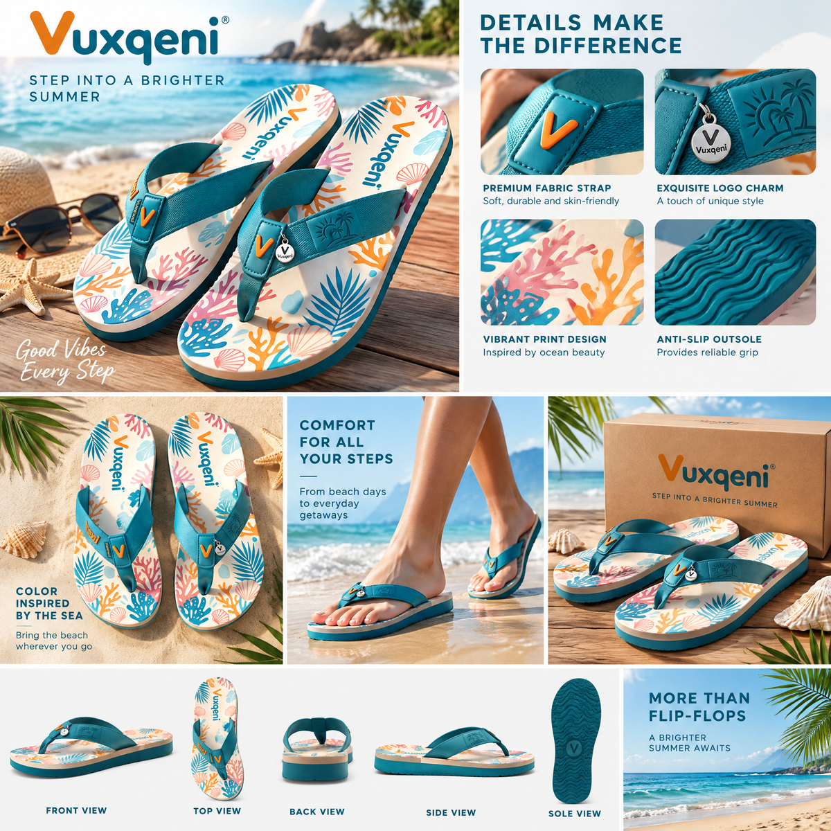 Vuxqeni™ Women’s Coastal Reef Flip-Flops – Lightweight Cushioned Beach Sandals with Woven Fabric Straps &amp; Tropical Ocean Print