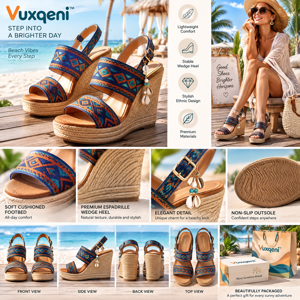 Vuxqeni™ Women's Bohemian Embroidered Espadrille Wedge Sandals - Platform Ankle-Strap Beach Resort Heels with Seashell Charms