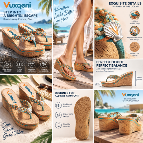 Vuxqeni™ Women’s Braided Cork Wedge Flip-Flops – Bohemian Platform Thong Sandals with Seashell Charms for Summer Beach &amp; Vacation