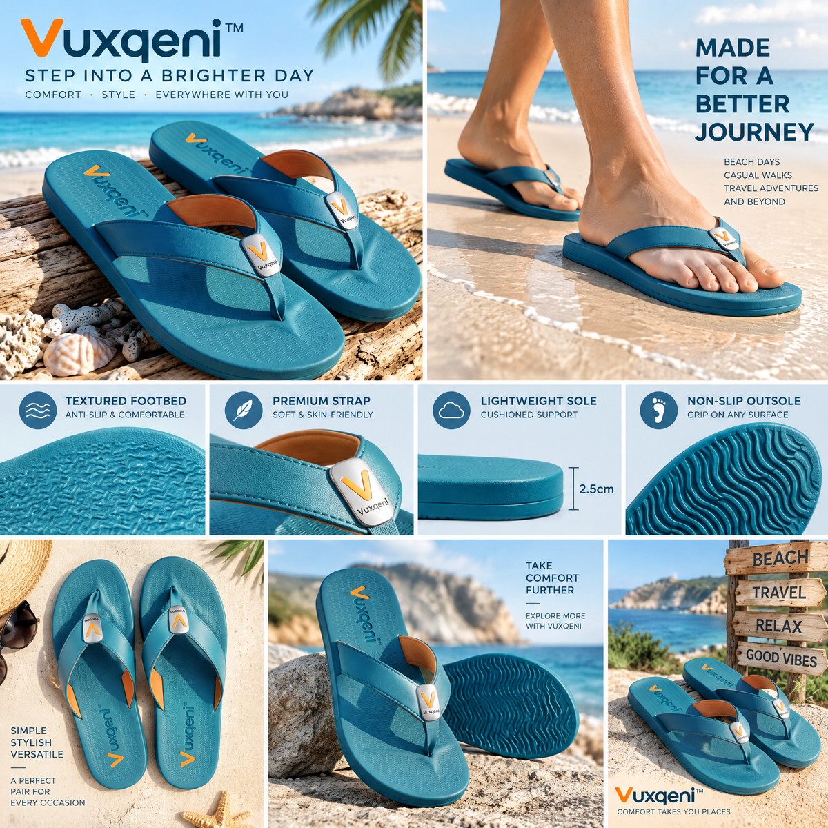 Vuxqeni™ Men's Cushion Beach Flip-Flops – Non-Slip Thong Sandals with Padded Straps for Summer &amp; Casual Wear