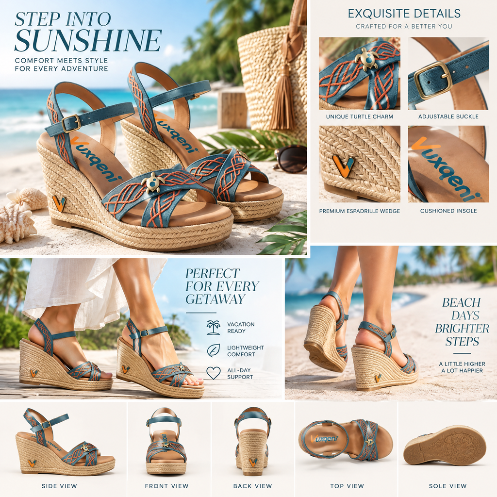 Vuxqeni™ Women's Bohemian Espadrille Platform Wedge Sandals – Braided Sea Turtle Charm Open-Toe Ankle Strap Beach Shoes