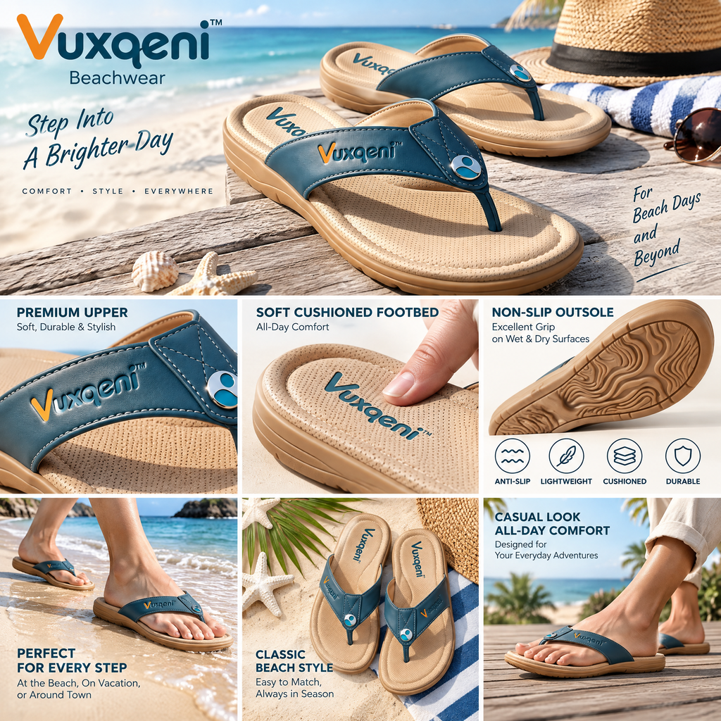 Vuxqeni™ Men's Cushioned Flip Flops – Non-Slip Beach Thong Sandals with Arch Support