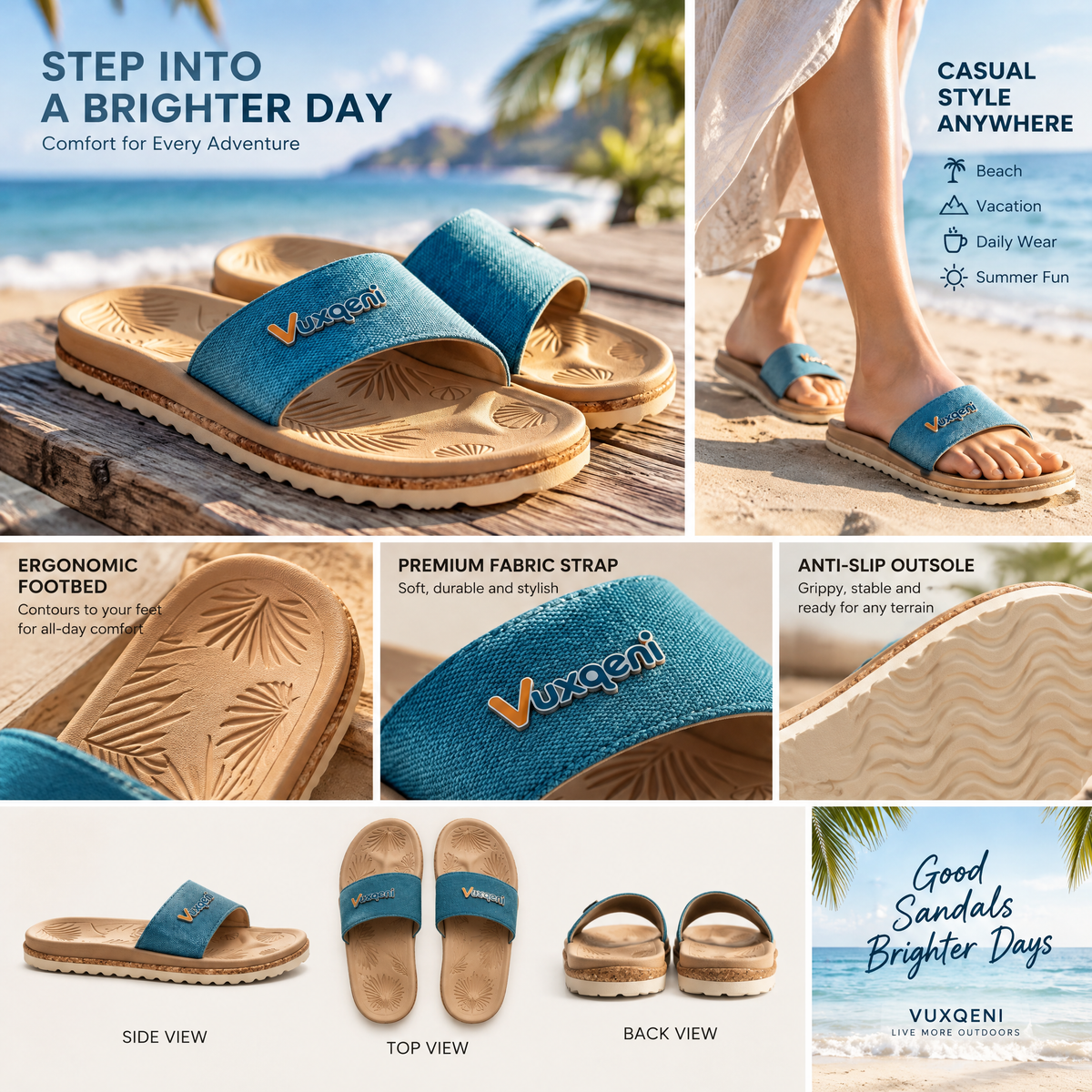 Vuxqeni™ Beach Slide Sandals for Men and Women – Ergonomic Arch Support Cushion Slides with Textured Non-Slip Footbed &amp; Canvas Strap