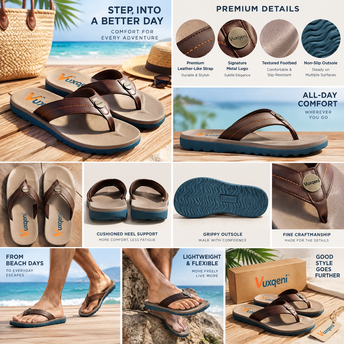 Vuxqeni™ Men's Ergonomic Beach Thong Sandals – Cushioned Non-Slip Flip-Flops