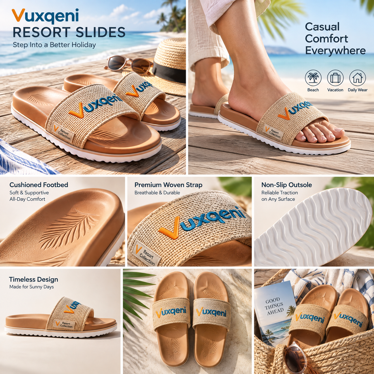 Vuxqeni™ Resort Collection Woven Slide Sandals – Ergonomic Cushioned Beach &amp; Pool Slides