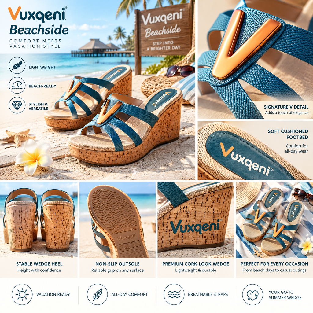 Vuxqeni™ Women's Summer Cork Wedge Slide Sandals with Metallic 'V' Accent