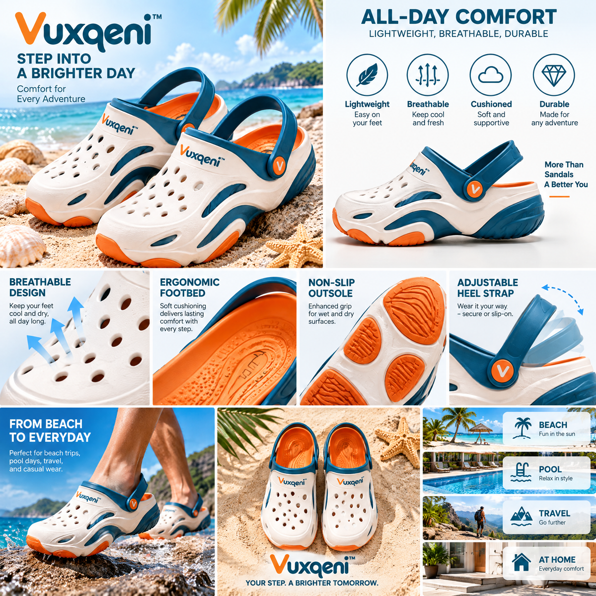 Vuxqeni™ Lightweight Breathable Beach Clogs – Quick-Drying Non-Slip Water Shoes with Pivoting Heel Strap for Summer &amp; Outdoor Comfort