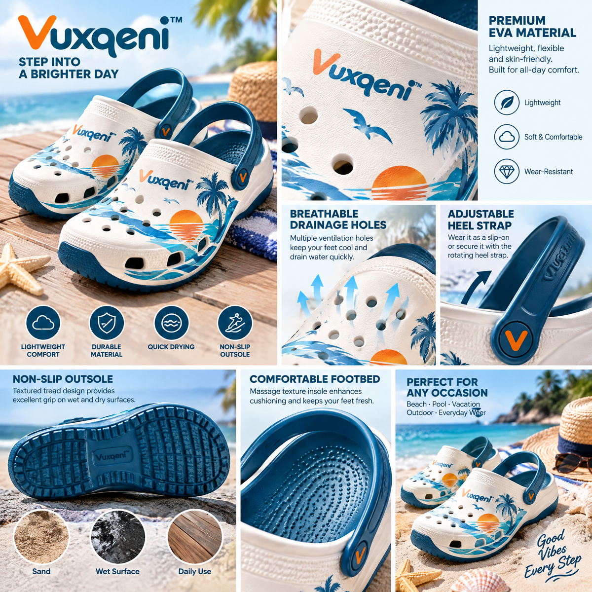 Vuxqeni™ Tropical Sunset Clogs | Lightweight Breathable Beach &amp; Water Shoes