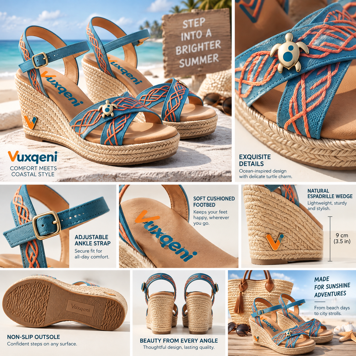 Vuxqeni™ Women's Bohemian Espadrille Platform Wedge Sandals – Braided Sea Turtle Charm Open-Toe Ankle Strap Beach Shoes
