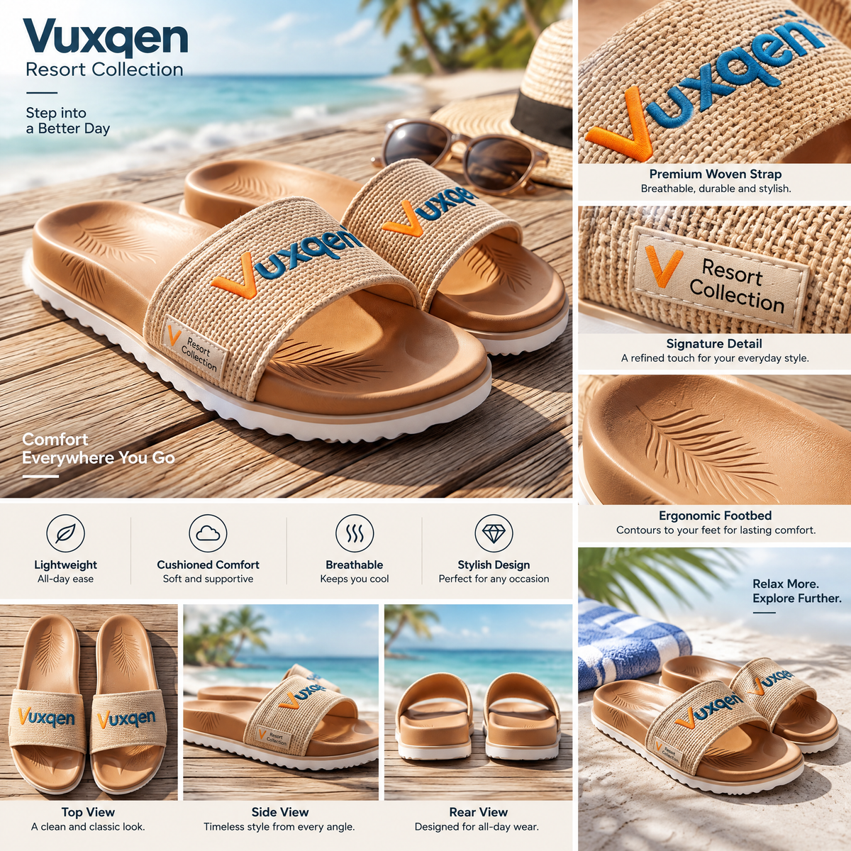 Vuxqeni™ Resort Collection Woven Slide Sandals – Ergonomic Cushioned Beach &amp; Pool Slides