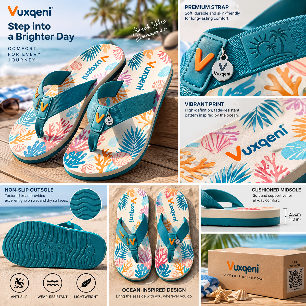 Vuxqeni™ Women’s Coastal Reef Flip-Flops – Lightweight Cushioned Beach Sandals with Woven Fabric Straps &amp; Tropical Ocean Print