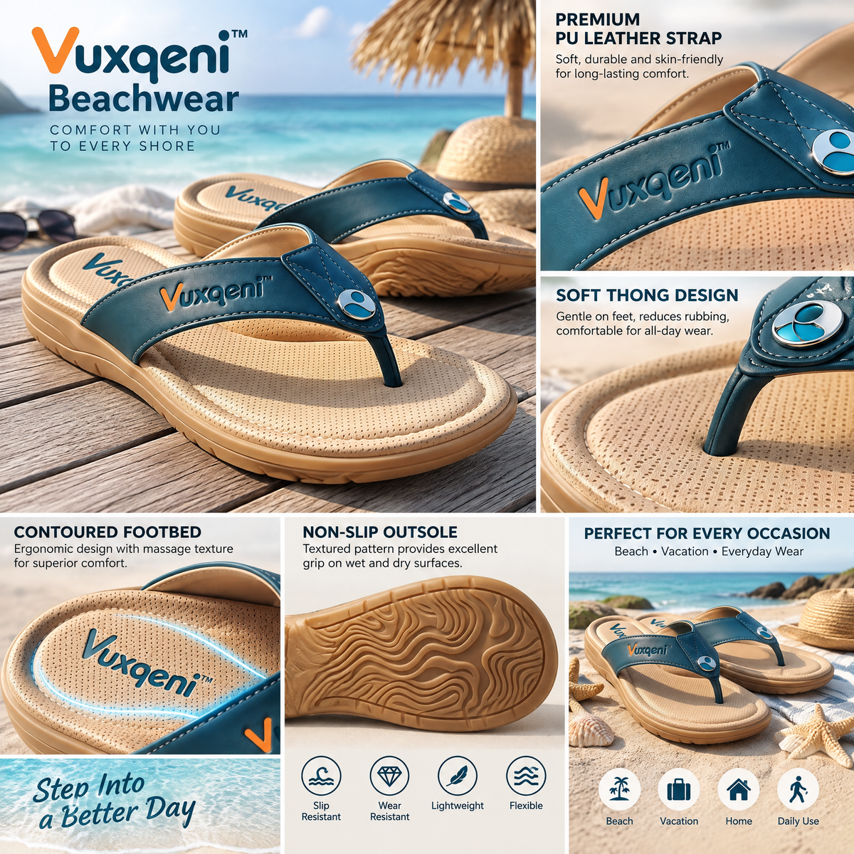 Vuxqeni™ Men's Cushioned Flip Flops – Non-Slip Beach Thong Sandals with Arch Support
