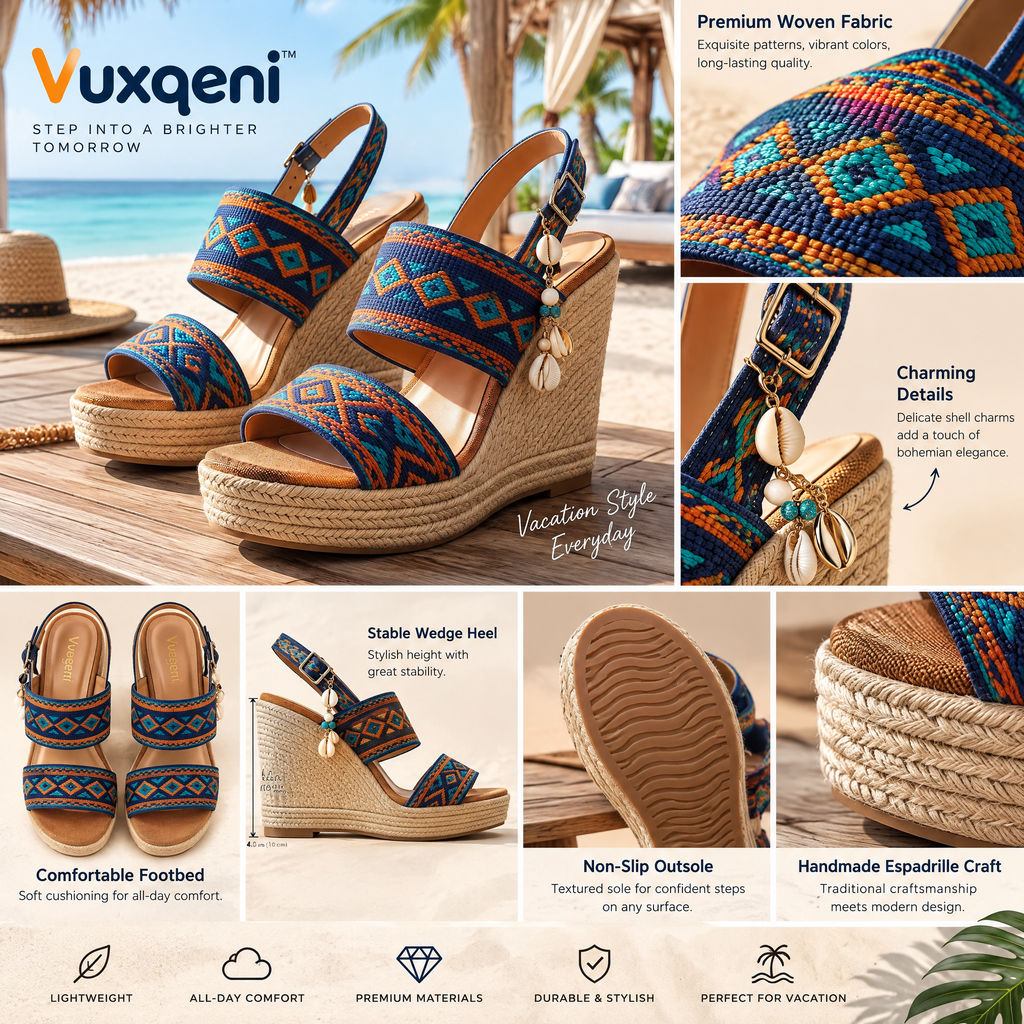 Vuxqeni™ Women's Bohemian Embroidered Espadrille Wedge Sandals - Platform Ankle-Strap Beach Resort Heels with Seashell Charms