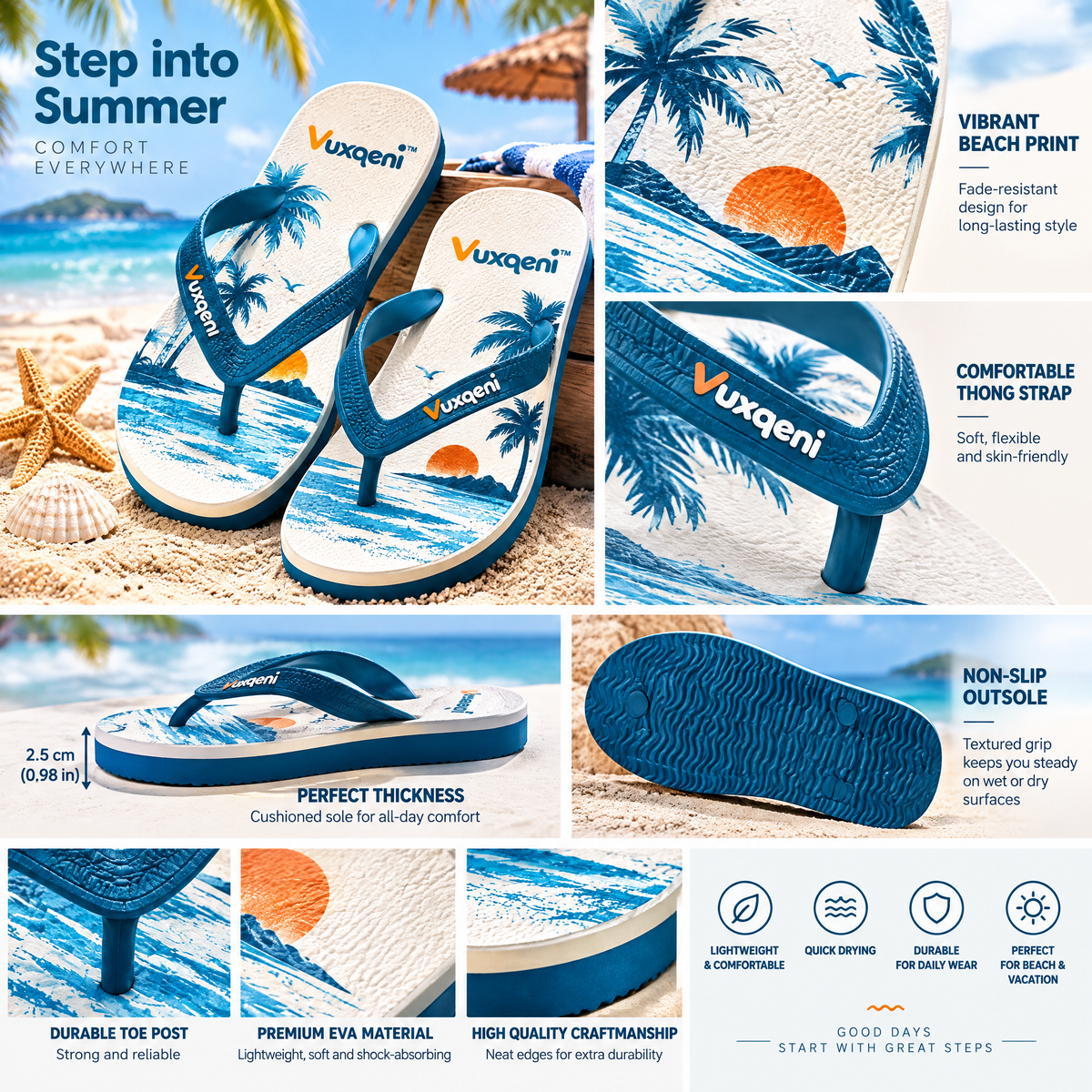 Vuxqeni™ Tropical Sunset Beach Flip Flops – Lightweight Non-Slip Summer Thong Sandals