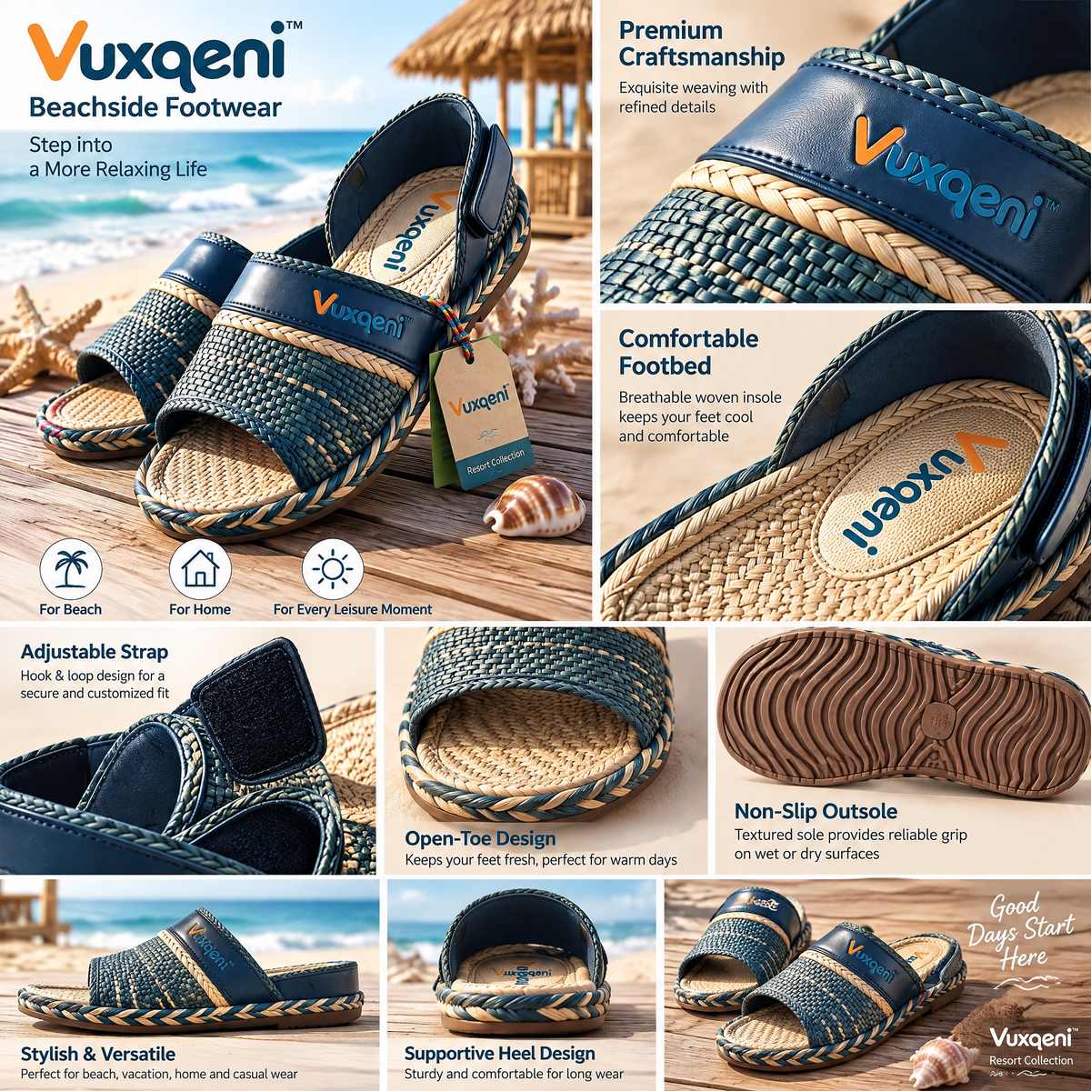 Vuxqeni™ Men's Woven Beach Slides with Heel Strap – Breathable Espadrille-Style Resort Sandals