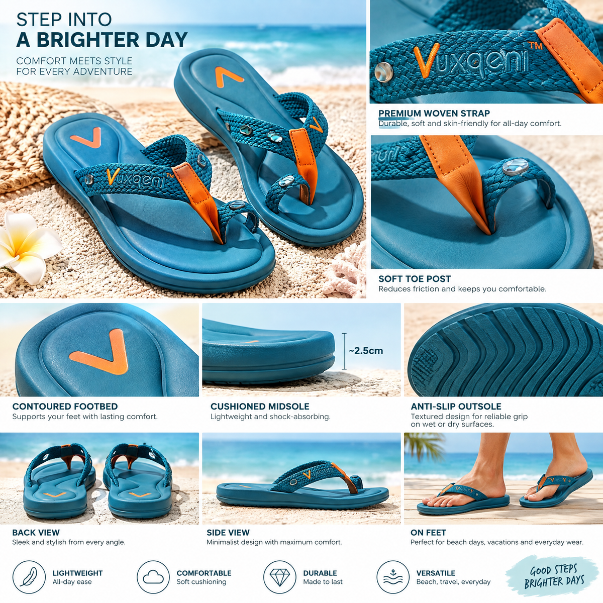 Vuxqeni™ Women's Braided Toe-Ring Flip Flops with Arch Support, Cushioned Summer Beach Sandals