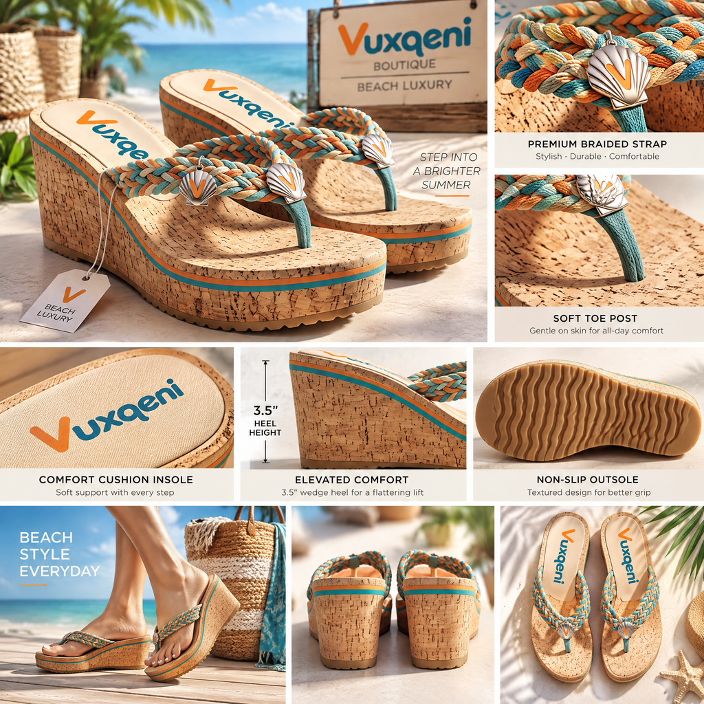 Vuxqeni™ Women’s Braided Cork Wedge Flip-Flops – Bohemian Platform Thong Sandals with Seashell Charms for Summer Beach &amp; Vacation