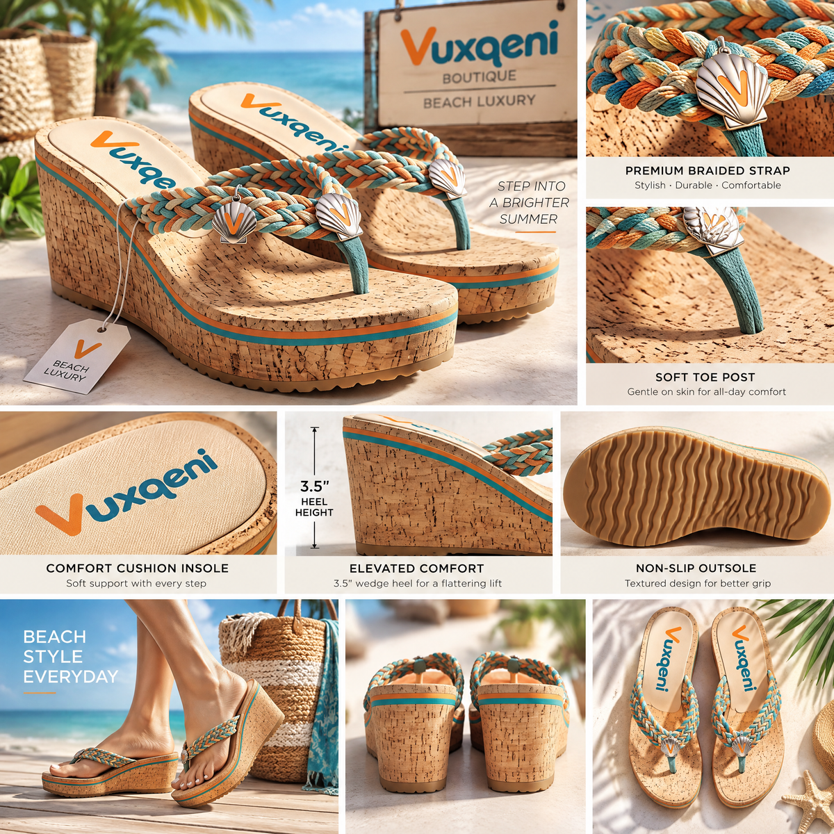 Vuxqeni™ Women’s Braided Cork Wedge Flip-Flops – Bohemian Platform Thong Sandals with Seashell Charms for Summer Beach &amp; Vacation