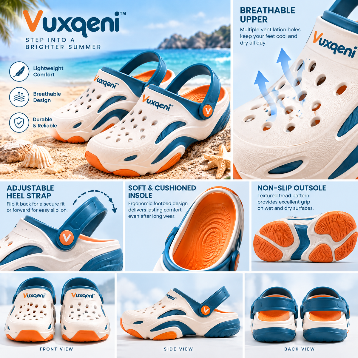 Vuxqeni™ Lightweight Breathable Beach Clogs – Quick-Drying Non-Slip Water Shoes with Pivoting Heel Strap for Summer &amp; Outdoor Comfort