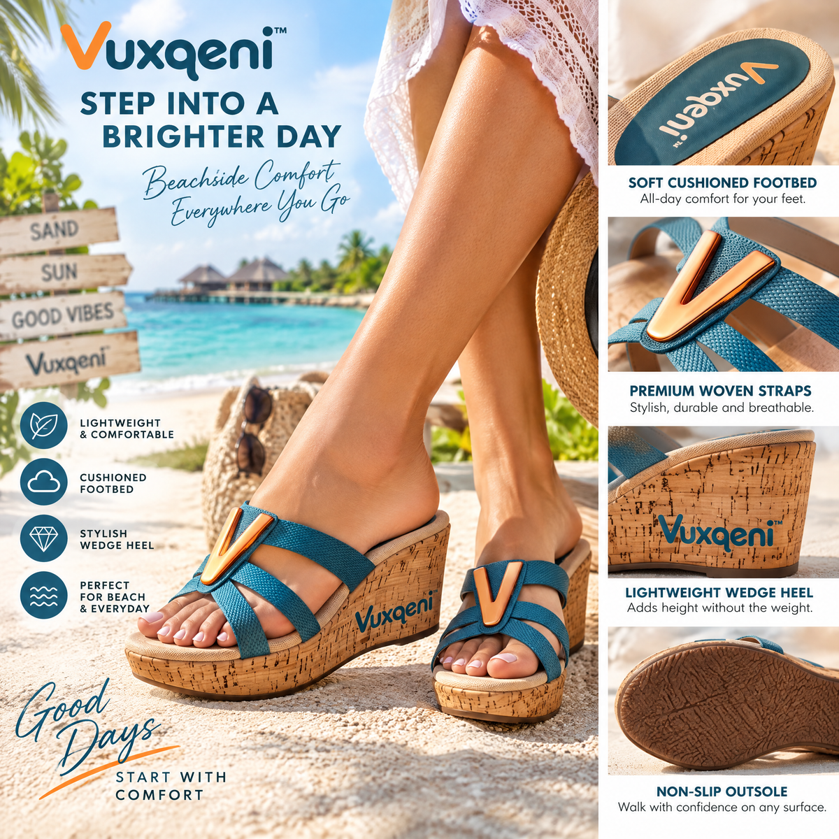 Vuxqeni™ Women's Summer Cork Wedge Slide Sandals with Metallic 'V' Accent
